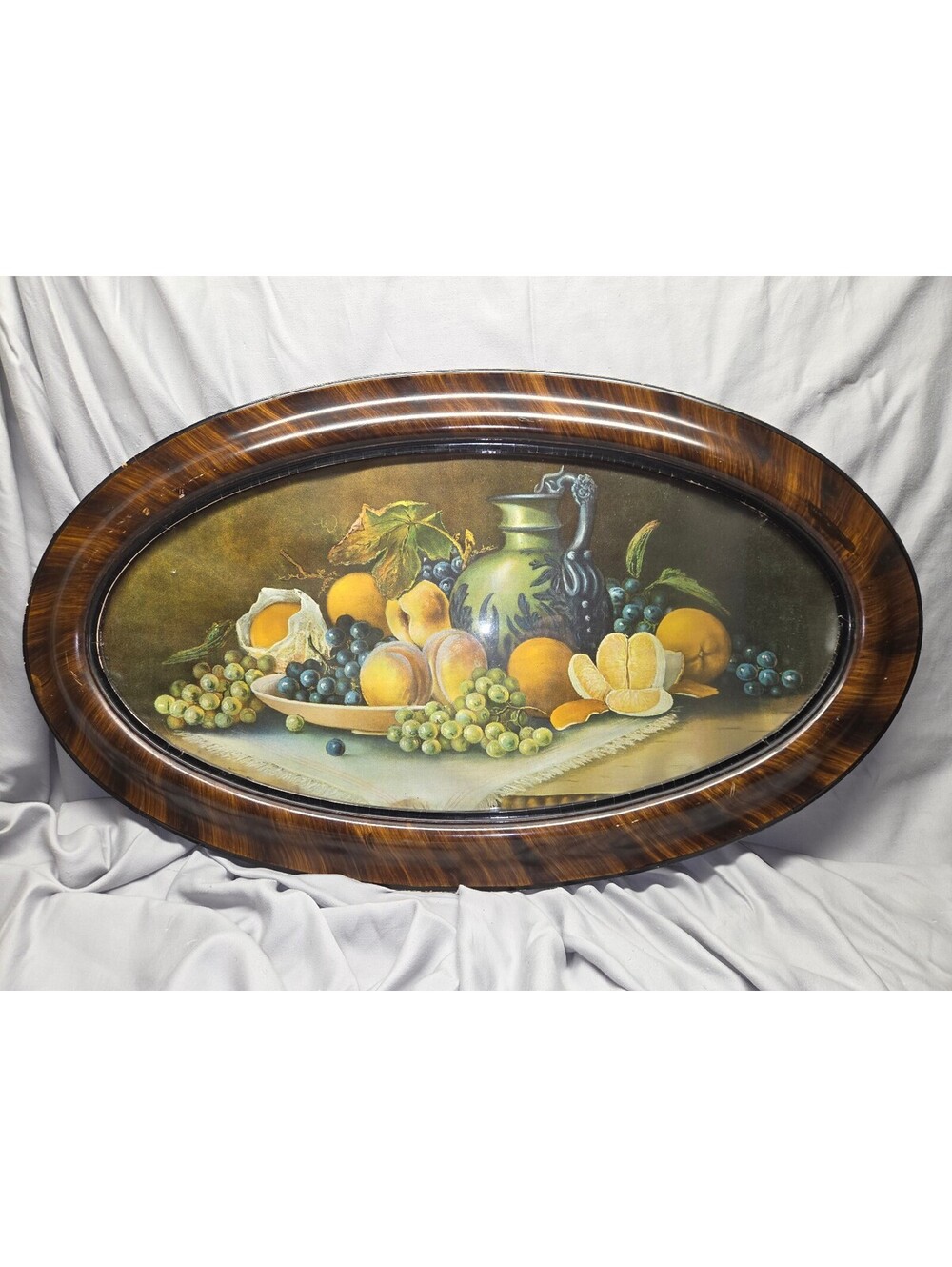 Vintage MCM Oval Still Life Fruit Painting in Wood Grain Frame